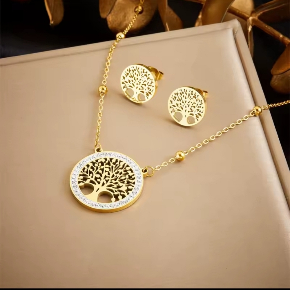 Elegant Tree of Life Necklace and Earrings Set Gold Plated Jewelry